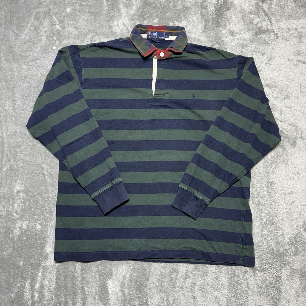Vintage Polo Ralph Lauren Rugby Shirt M Green Stripe Heavy Cotton 90s Y2K- Flaws